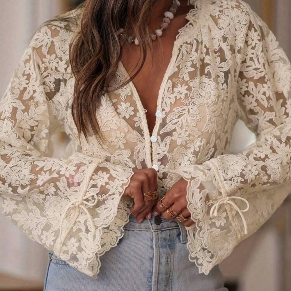 Elegant Cream embroidered Lace sheer Blouse - Picture 2 of 8